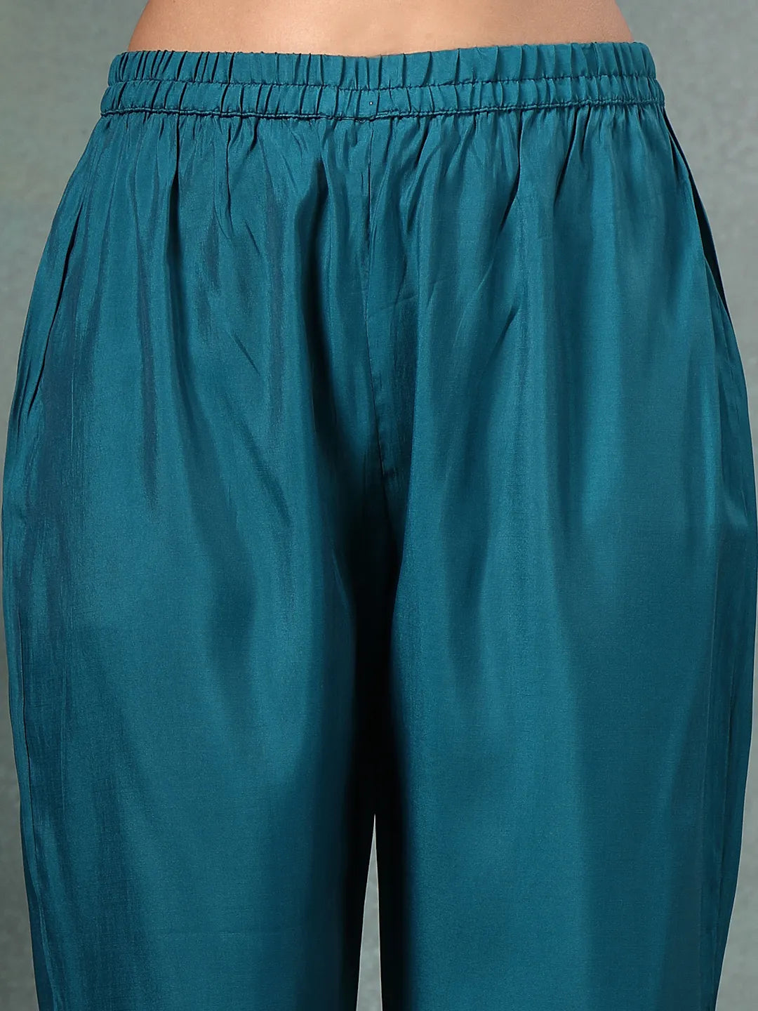 Teal Blue Roman Silk A Line Kurta Trouser Dupatta Set-Yufta Store-6762SKDTBM