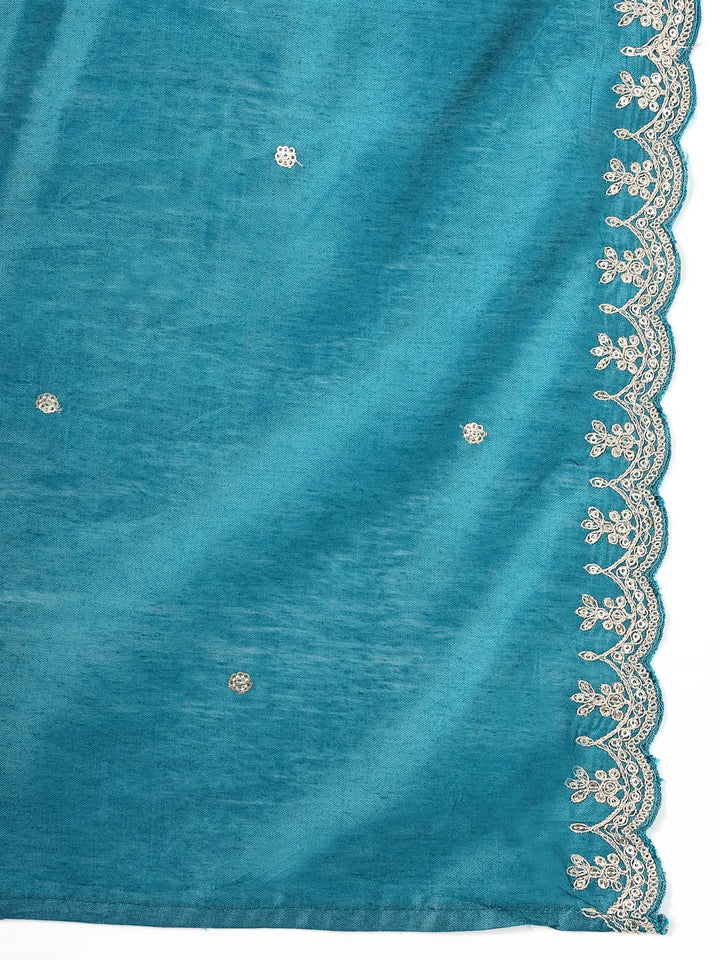 Teal Blue Roman Silk A Line Kurta Trouser Dupatta Set-Yufta Store-6762SKDTBM