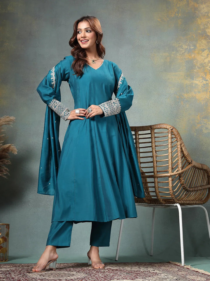 Teal Blue Roman Silk A Line Kurta Trouser Dupatta Set-Yufta Store-6762SKDTBM