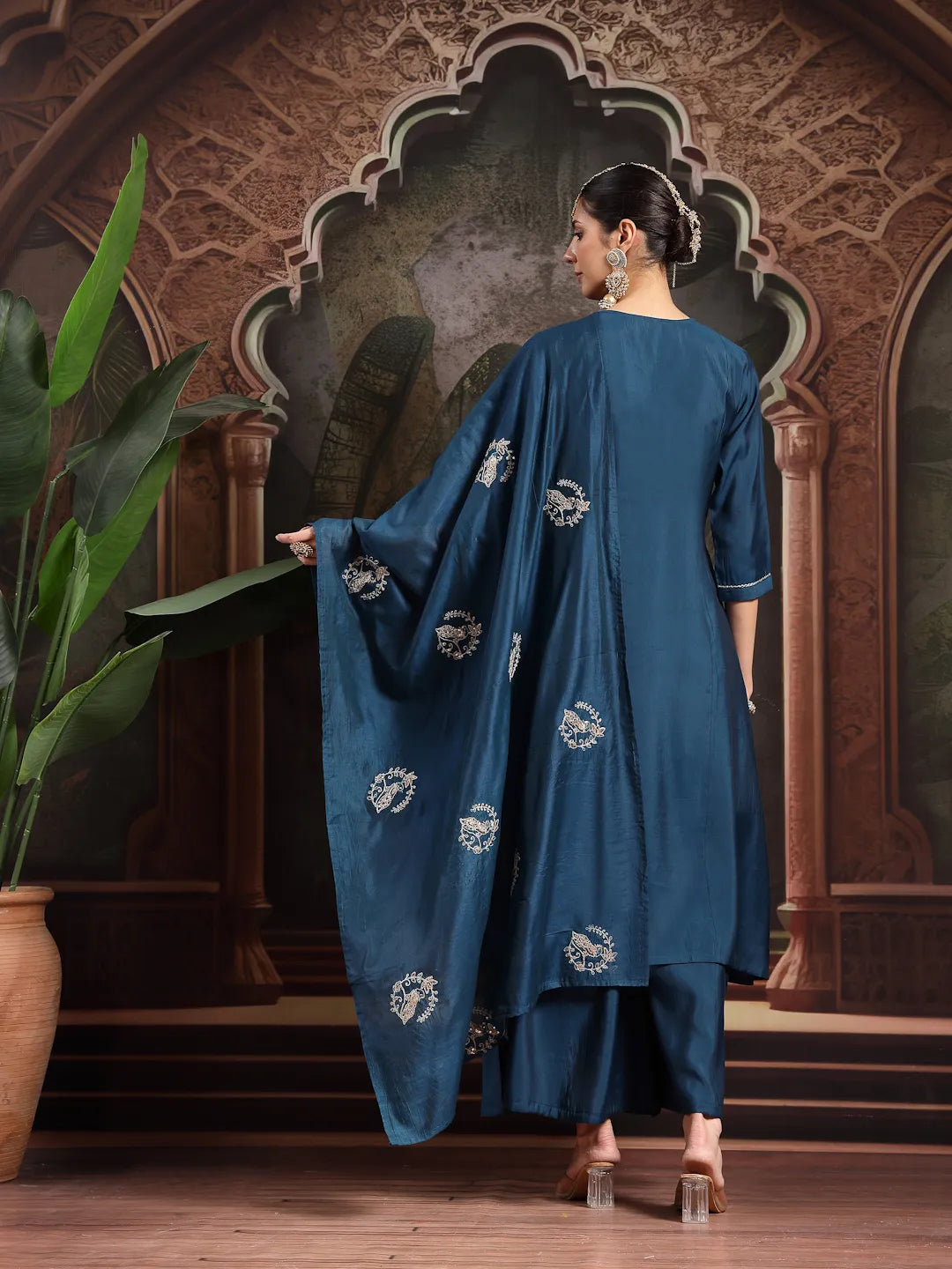 Teal Blue Silk Blend Dori Embroidery Angrakha Kurta Set With Divider Palazzo