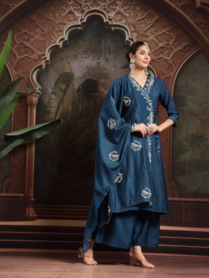Teal Blue Silk Blend Dori Embroidery Angrakha Kurta Set With Divider Palazzo