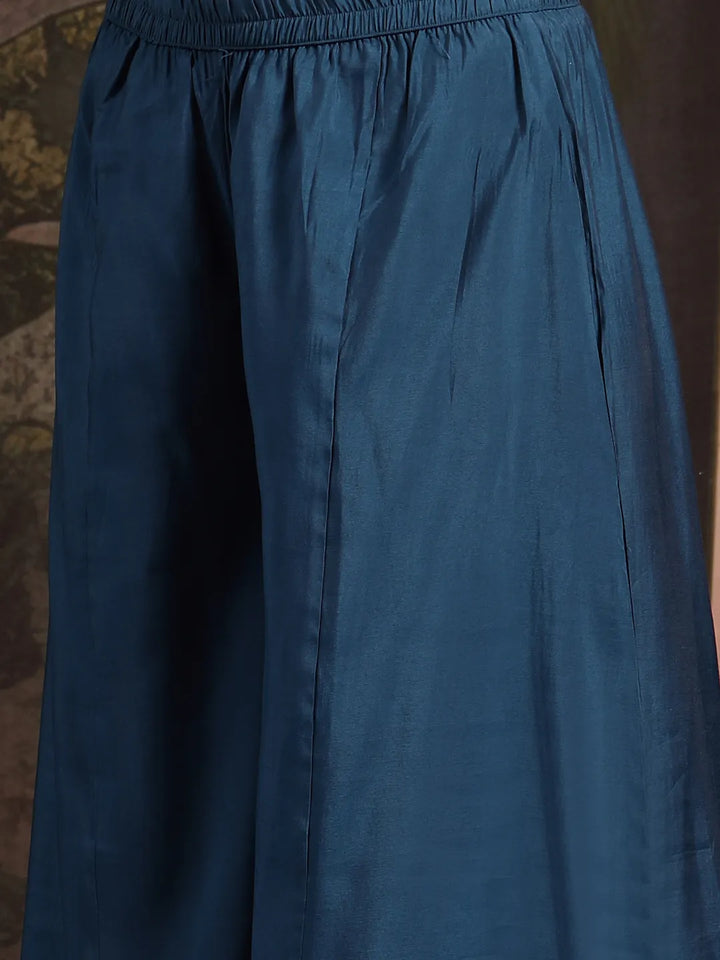 Teal Blue Silk Blend Dori Embroidery Angrakha Kurta Set With Divider Palazzo