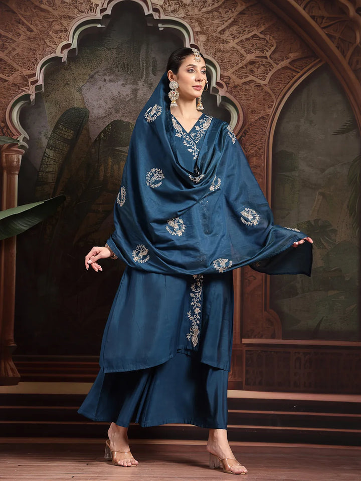 Teal Blue Silk Blend Dori Embroidery Angrakha Kurta Set With Divider Palazzo