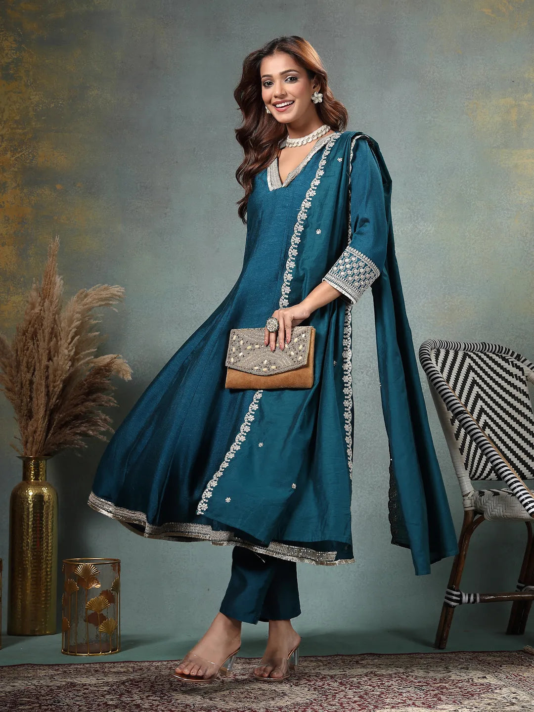 Teal Blue Zari Work Yoke Or Border Anarkali Silk Blend Kurta Trouser Dupatta Set-Yufta Store-6754SKDTBM