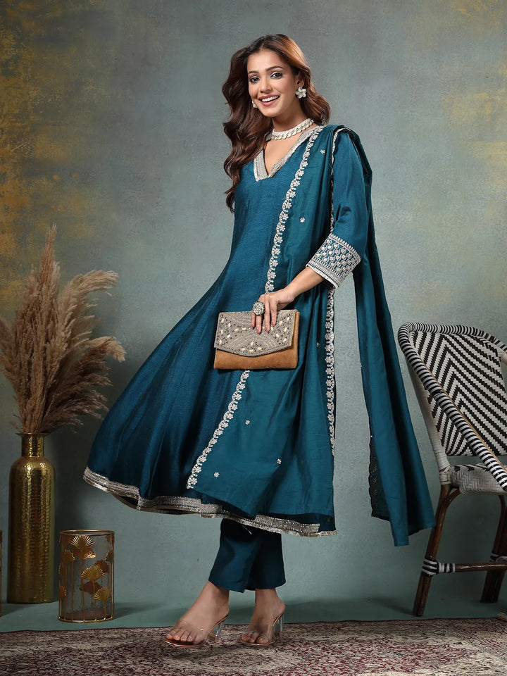 Teal Blue Zari Work Yoke Or Border Anarkali Silk Blend Kurta Trouser Dupatta Set-Yufta Store-6754SKDTBM