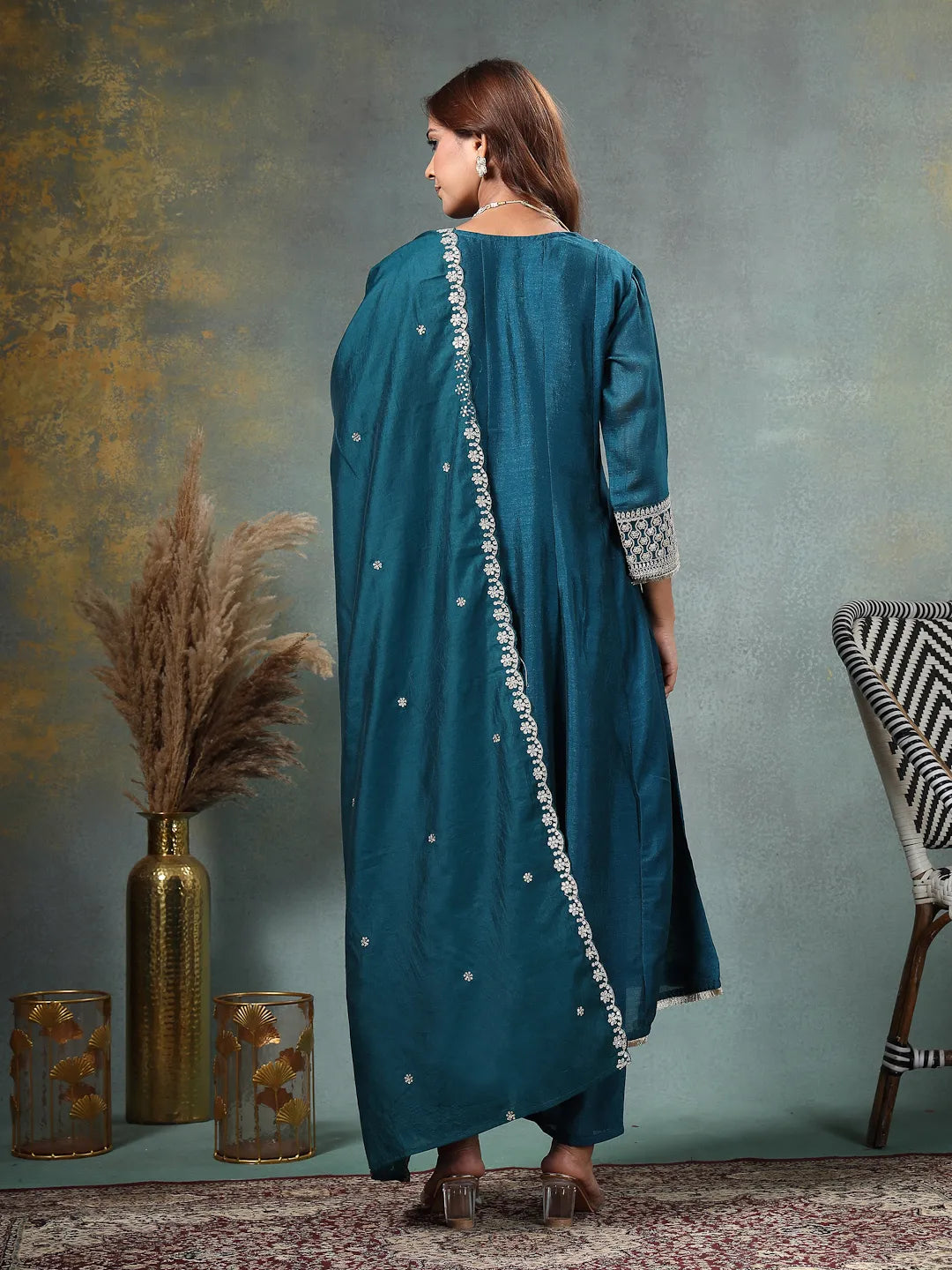 Teal Blue Zari Work Yoke Or Border Anarkali Silk Blend Kurta Trouser Dupatta Set-Yufta Store-6754SKDTBM