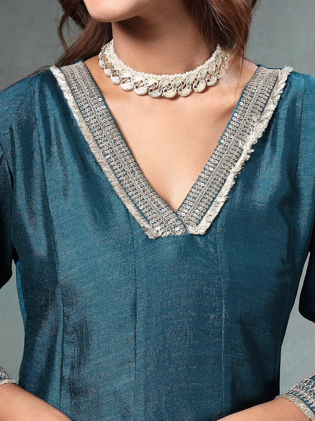 Teal Blue Zari Work Yoke Or Border Anarkali Silk Blend Kurta Trouser Dupatta Set-Yufta Store-6754SKDTBM