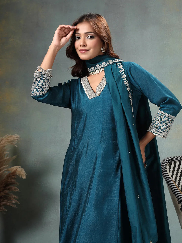 Teal Blue Zari Work Yoke Or Border Anarkali Silk Blend Kurta Trouser Dupatta Set-Yufta Store-6754SKDTBM