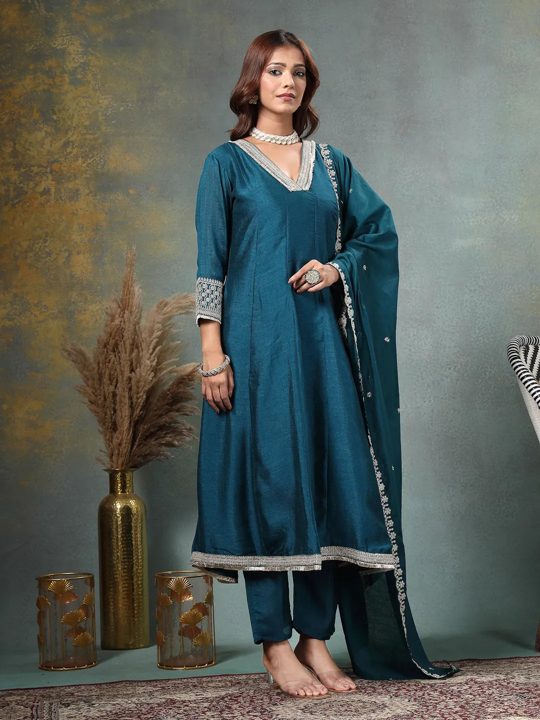 Teal Blue Zari Work Yoke Or Border Anarkali Silk Blend Kurta Trouser Dupatta Set-Yufta Store-6754SKDTBM