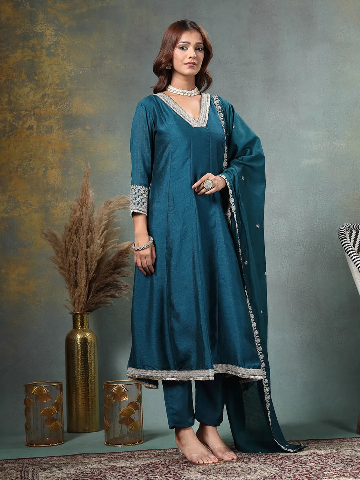 Teal Blue Zari Work Yoke Or Border Anarkali Silk Blend Kurta Trouser Dupatta Set-Yufta Store-6754SKDTBM