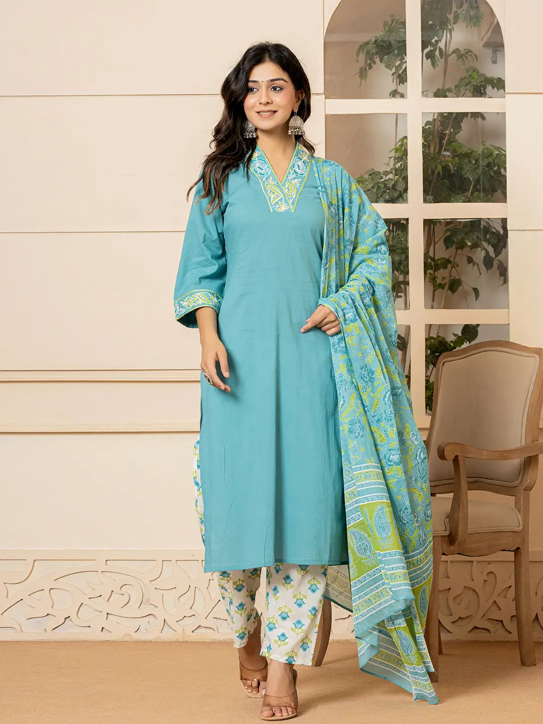 Teal Cotton Embroidered Kurta Dupatta Set-Yufta Store-6852SKDTGS