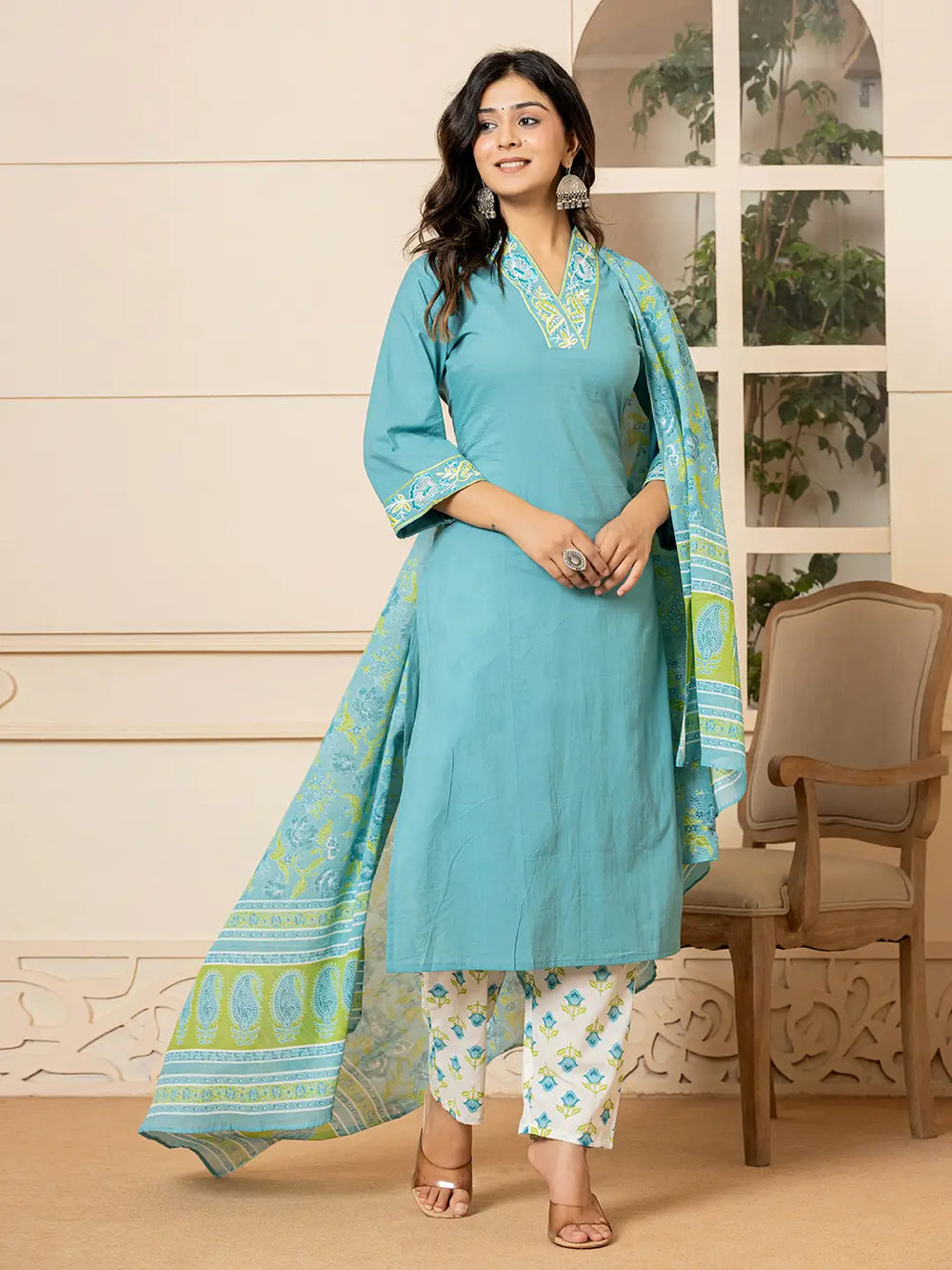 Teal Cotton Embroidered Kurta Dupatta Set-Yufta Store-6852SKDTGS