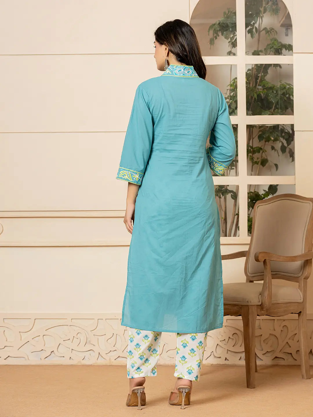 Teal Cotton Embroidered Kurta Dupatta Set-Yufta Store-6852SKDTGS