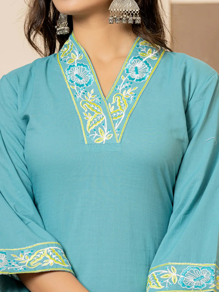 Teal Cotton Embroidered Kurta Dupatta Set-Yufta Store-6852SKDTGS