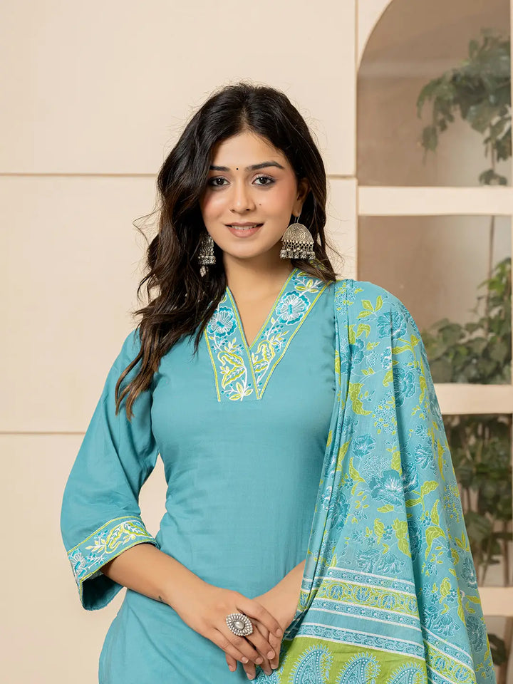 Teal Cotton Embroidered Kurta Dupatta Set-Yufta Store-6852SKDTGS