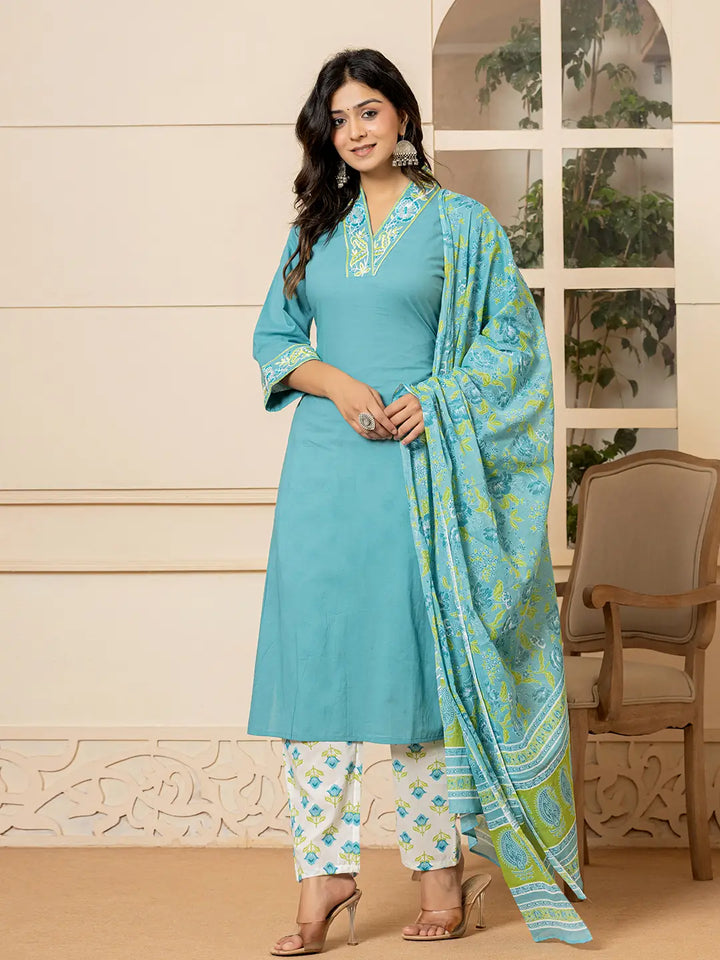 Teal Cotton Embroidered Kurta Dupatta Set-Yufta Store-6852SKDTGS