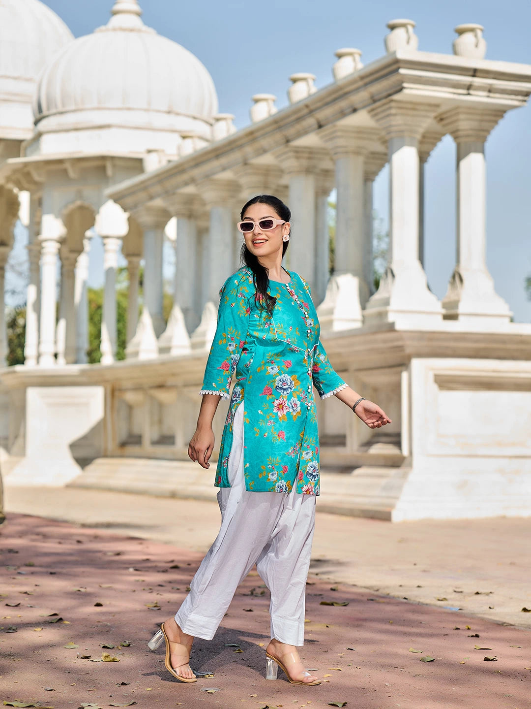 Teal Floral Print This Tunic Salwar Co-Ord Set-Yufta Store-7575CRDTBM