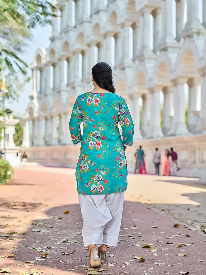 Teal Floral Print This Tunic Salwar Co-Ord Set-Yufta Store-7575CRDTBM