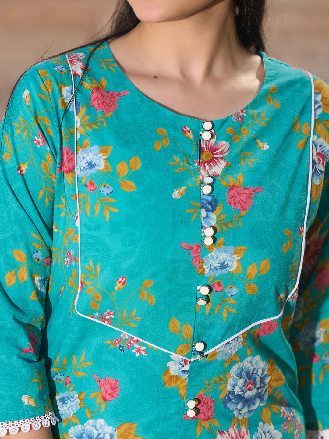 Teal Floral Print This Tunic Salwar Co-Ord Set-Yufta Store-7575CRDTBM