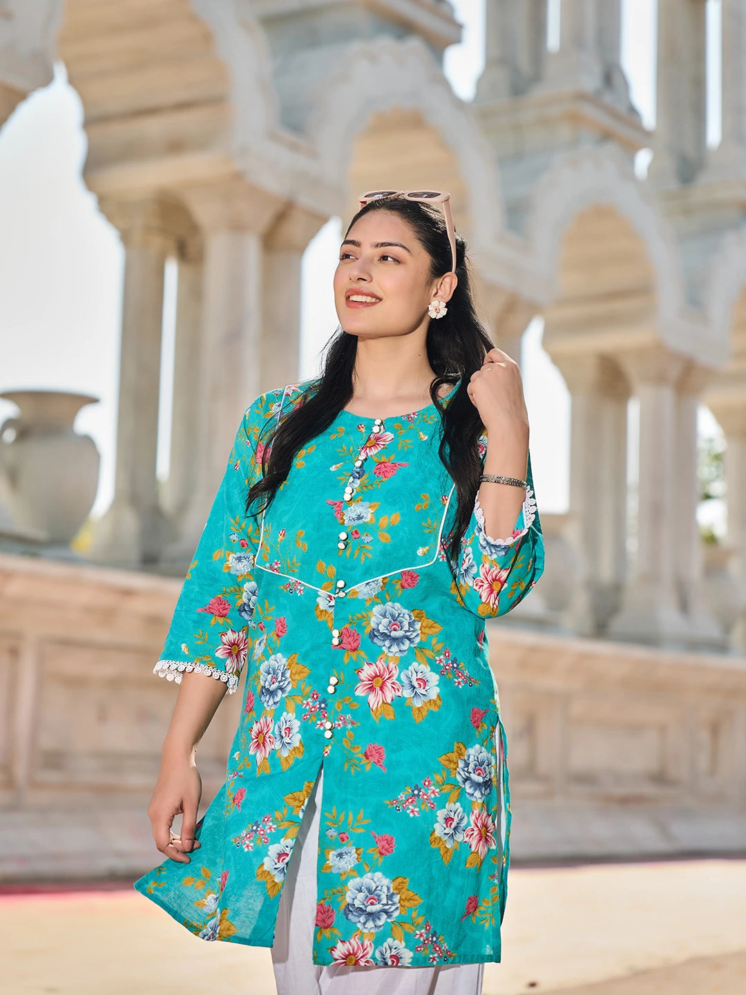 Teal Floral Print This Tunic Salwar Co-Ord Set-Yufta Store-7575CRDTBM