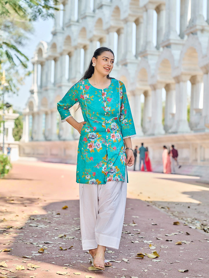 Teal Floral Print This Tunic Salwar Co-Ord Set-Yufta Store-7575CRDTBM