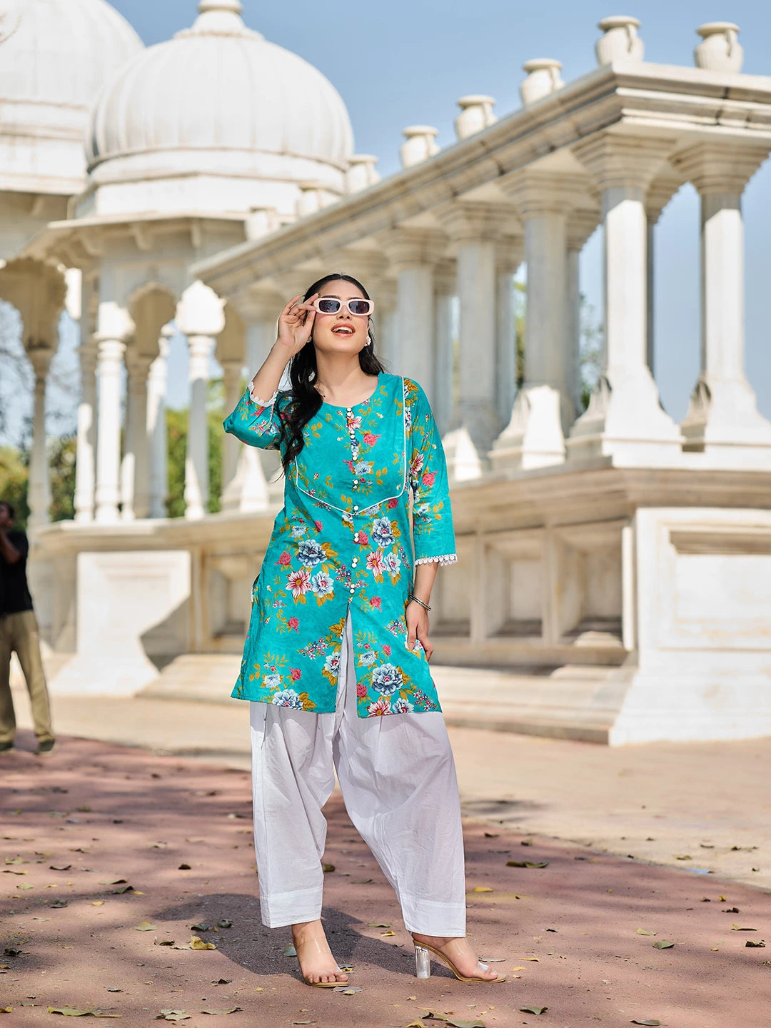 Teal Floral Print This Tunic Salwar Co-Ord Set-Yufta Store-7575CRDTBM