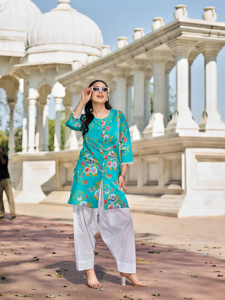 Teal Floral Print This Tunic Salwar Co-Ord Set-Yufta Store-7575CRDTBM