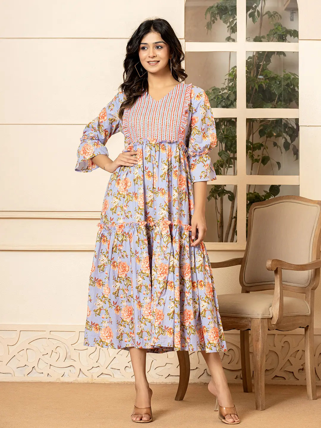 Violet Cotton Floral Print Tiered Dress With Ruffles-Yufta Store-6939DRSVLS