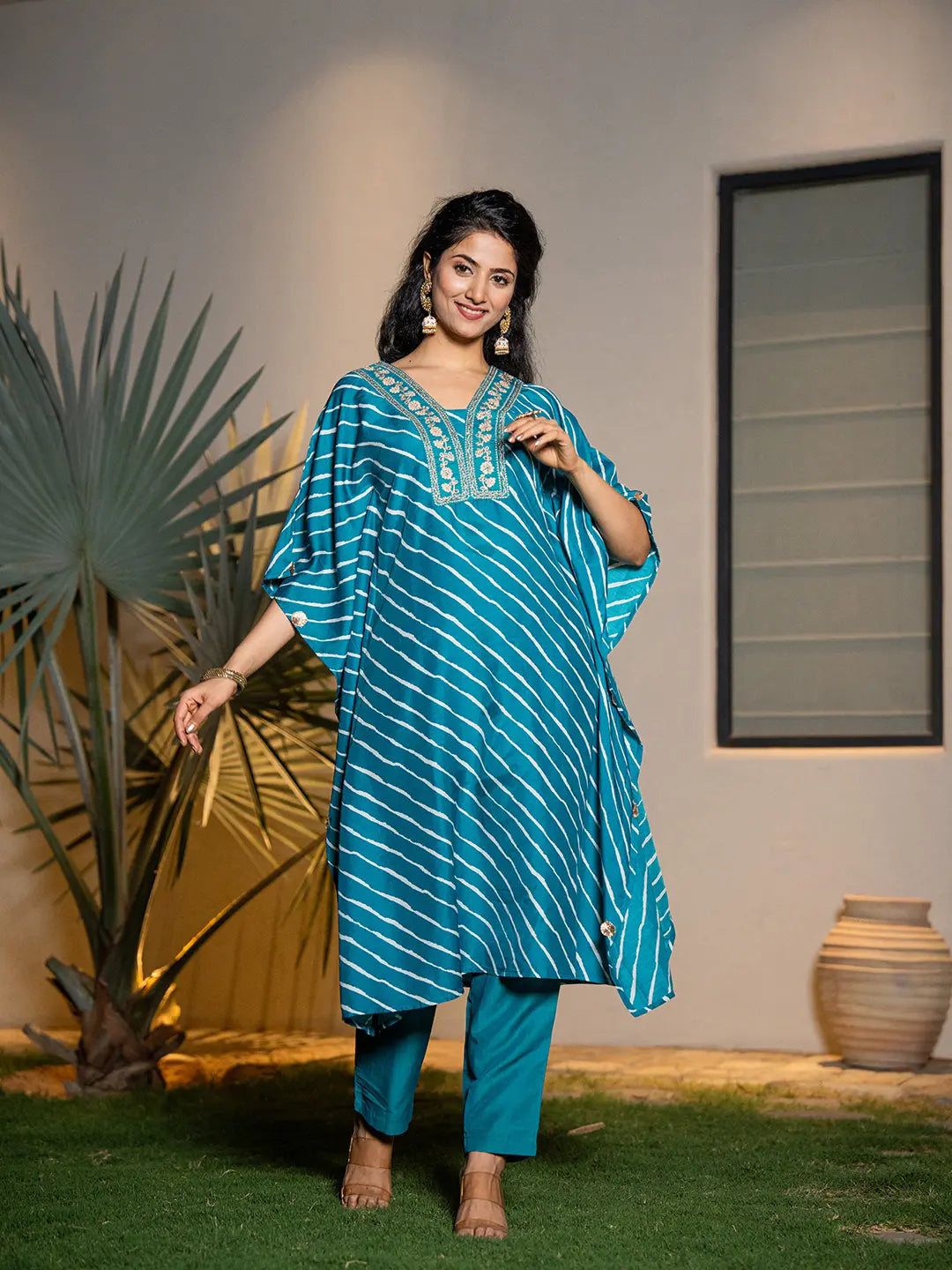 Teal Green Leheriya Embroidered Kaftan Kurta Set-Yufta Store-6899SETTGS