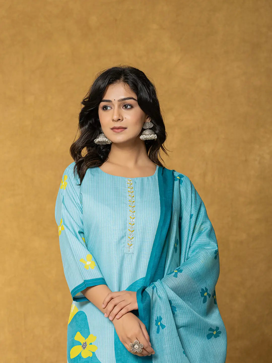 Teal Green Linen Kurta Dupatta Pant Set-Yufta Store-7322SKDTGS