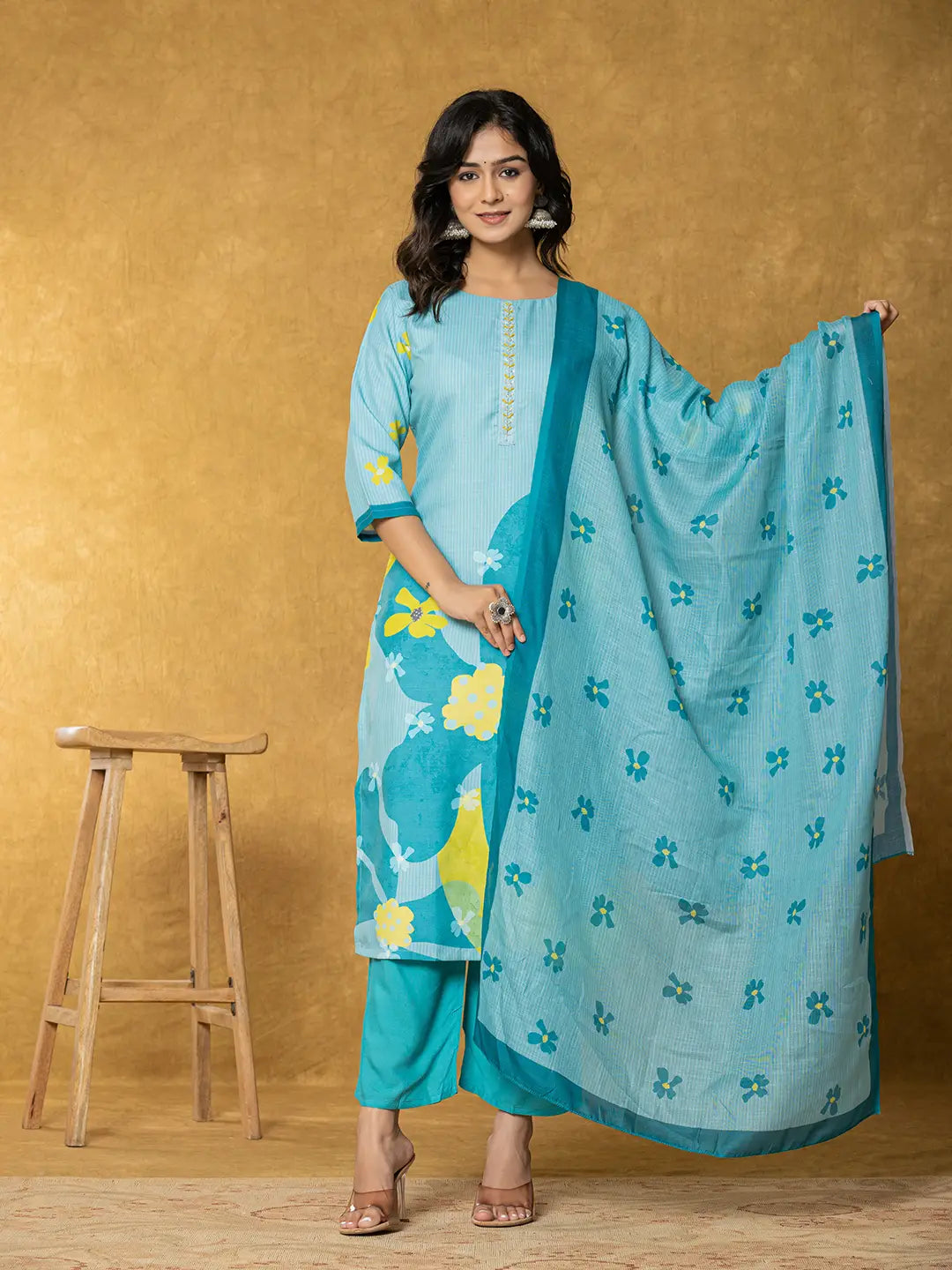 Teal Green Linen Kurta Dupatta Pant Set-Yufta Store-7322SKDTGS