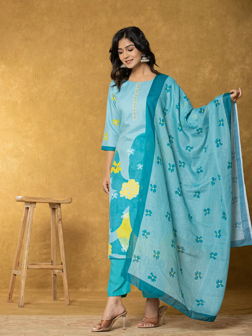 Teal Green Linen Kurta Dupatta Pant Set-Yufta Store-7322SKDTGS