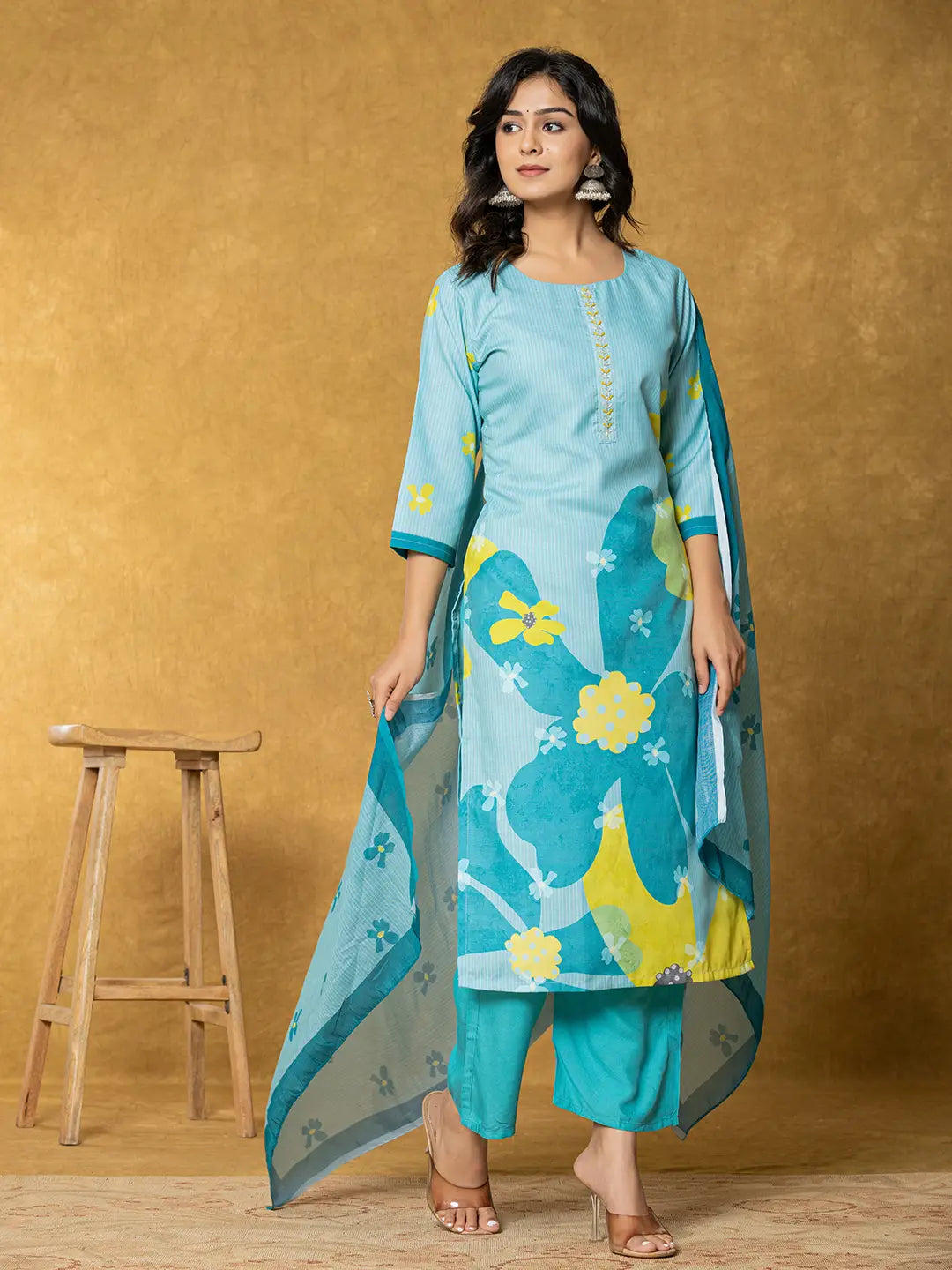 Teal Green Linen Kurta Dupatta Pant Set-Yufta Store-7322SKDTGS