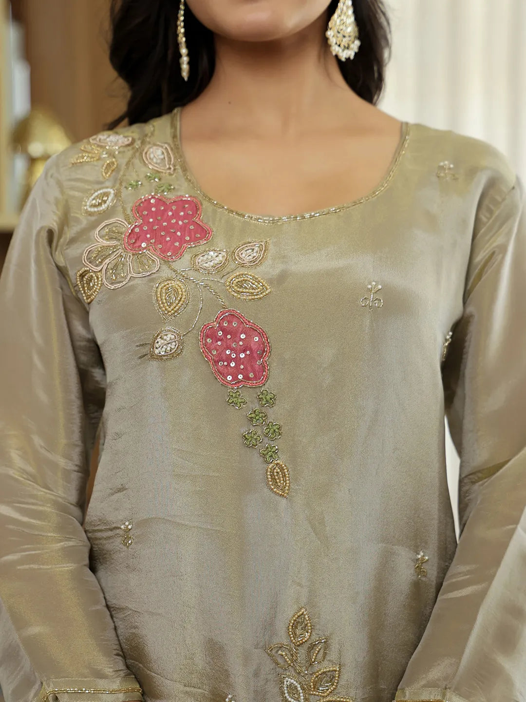 Tissue Green Beads And Stones Sequins Work Kurta Dupatta Set With Divider Palazzo Set