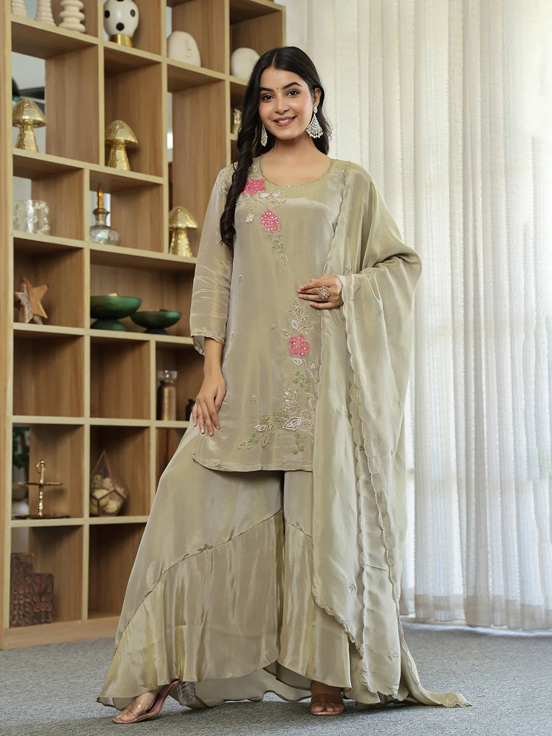 Tissue Green Beads And Stones Sequins Work Kurta Dupatta Set With Divider Palazzo Set