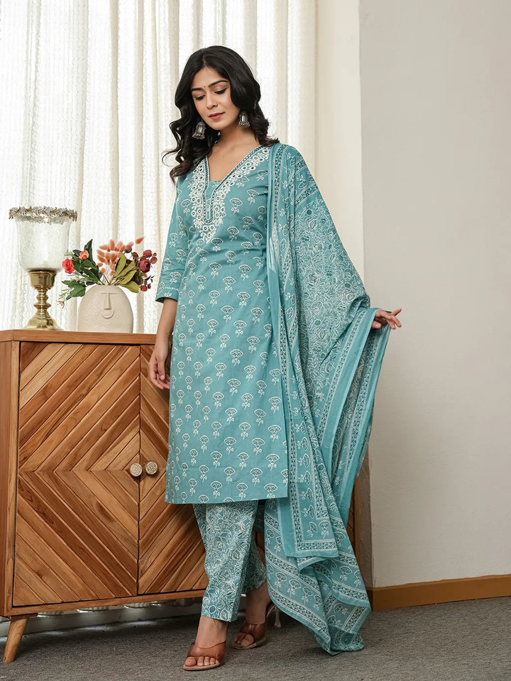 Torques Blue Pure Cotton Kurta Dupatta Set-Yufta Store-6538SKDBLM