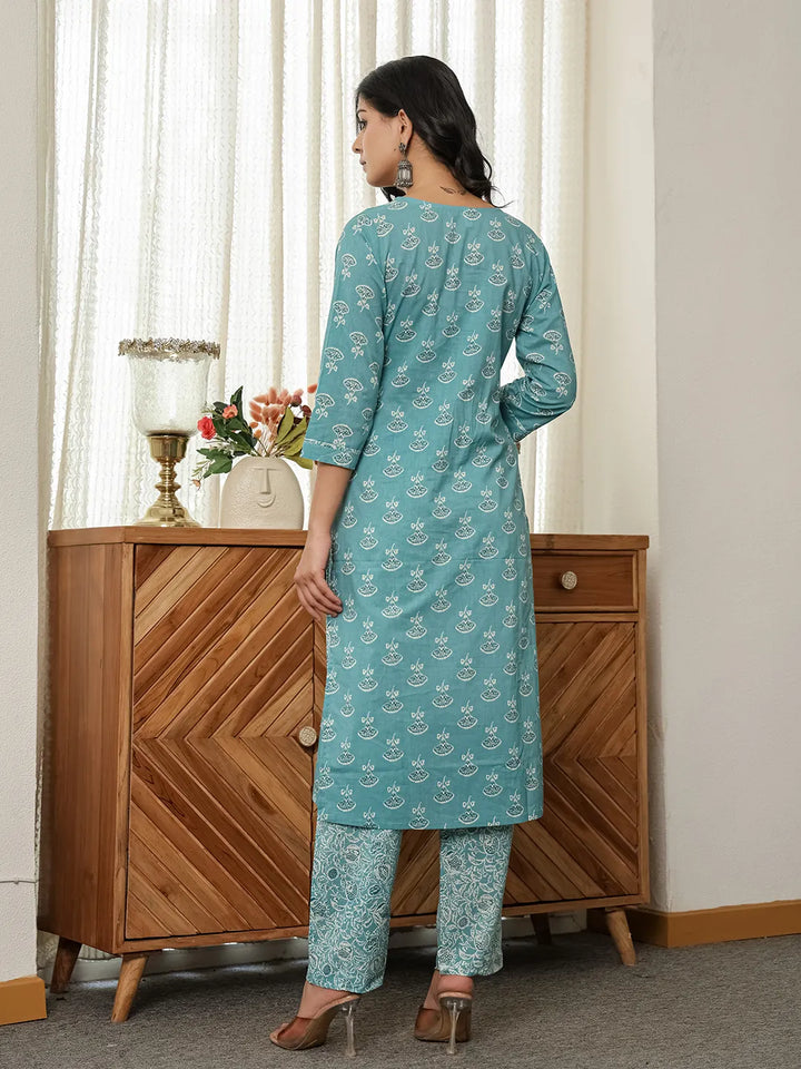 Torques Blue Pure Cotton Kurta Dupatta Set-Yufta Store-6538SKDBLM