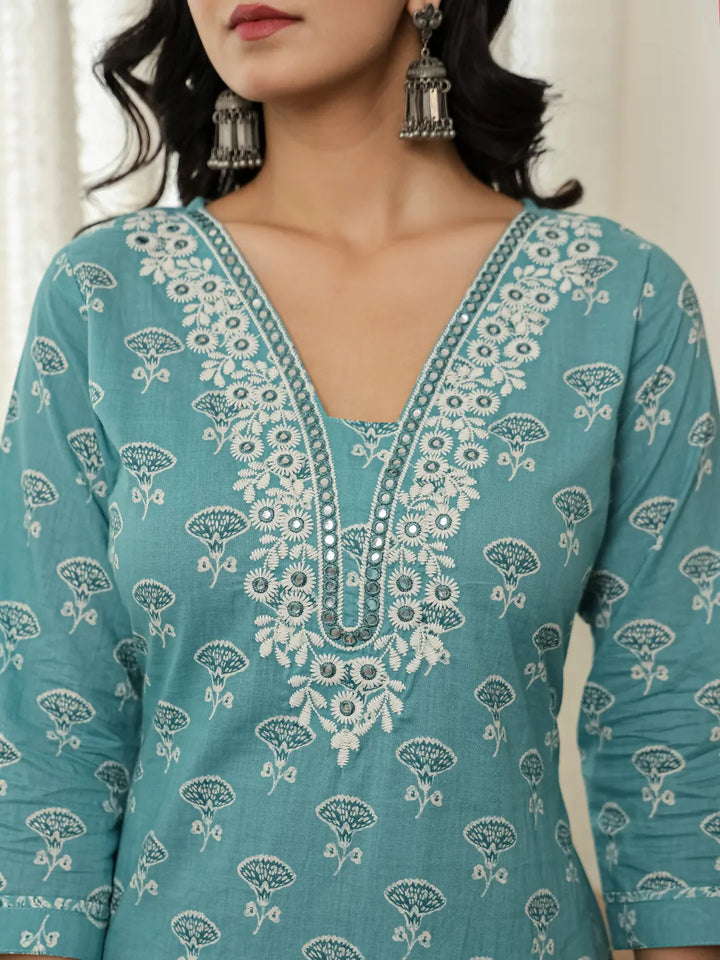 Torques Blue Pure Cotton Kurta Dupatta Set-Yufta Store-6538SKDBLM