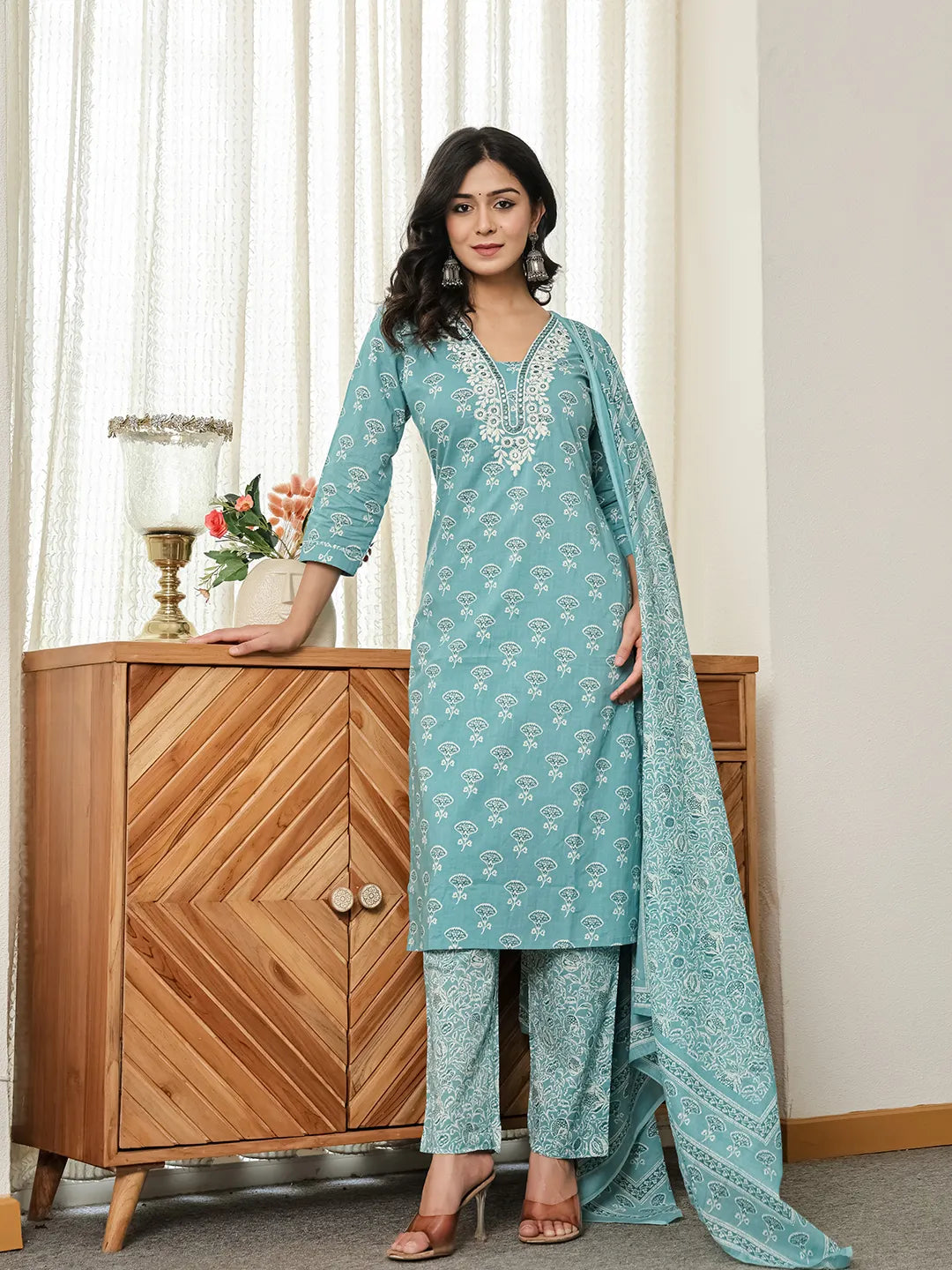 Torques Blue Pure Cotton Kurta Dupatta Set-Yufta Store-6538SKDBLM