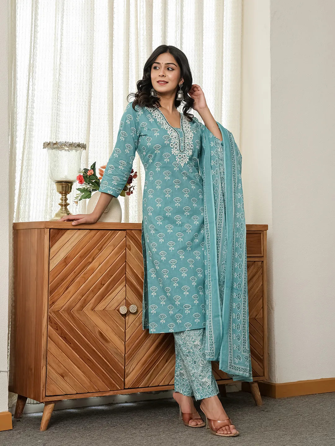 Torques Blue Pure Cotton Kurta Dupatta Set-Yufta Store-6538SKDBLM