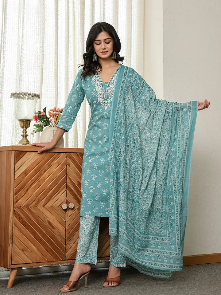 Torques Blue Pure Cotton Kurta Dupatta Set-Yufta Store-6538SKDBLM