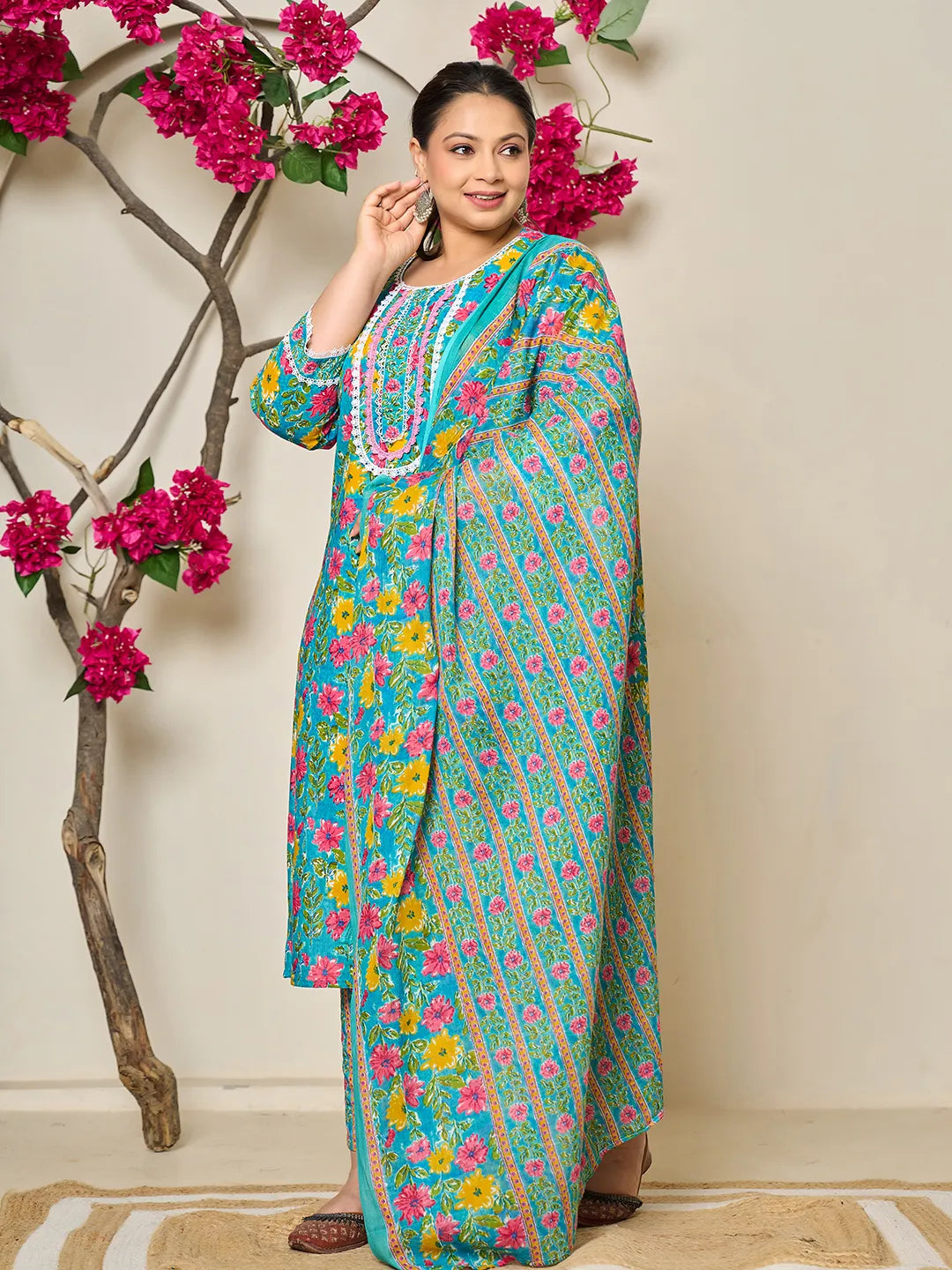 Turquoise Blue Cotton Floral Print Lace Work Plus Size Kurta Pants Dupatta Set-Yufta Store-6430PSKDBL3XL