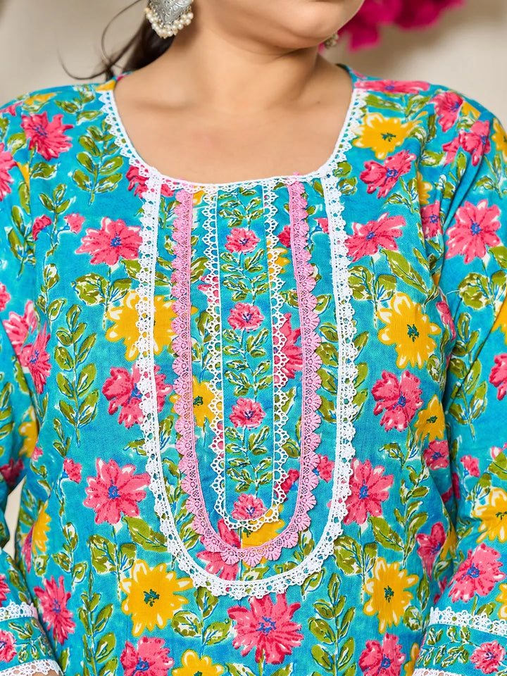 Turquoise Blue Cotton Floral Print Lace Work Plus Size Kurta Pants Dupatta Set-Yufta Store-6430PSKDBL3XL