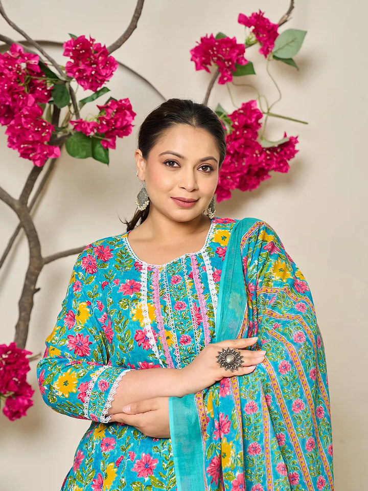 Turquoise Blue Cotton Floral Print Lace Work Plus Size Kurta Pants Dupatta Set-Yufta Store-6430PSKDBL3XL