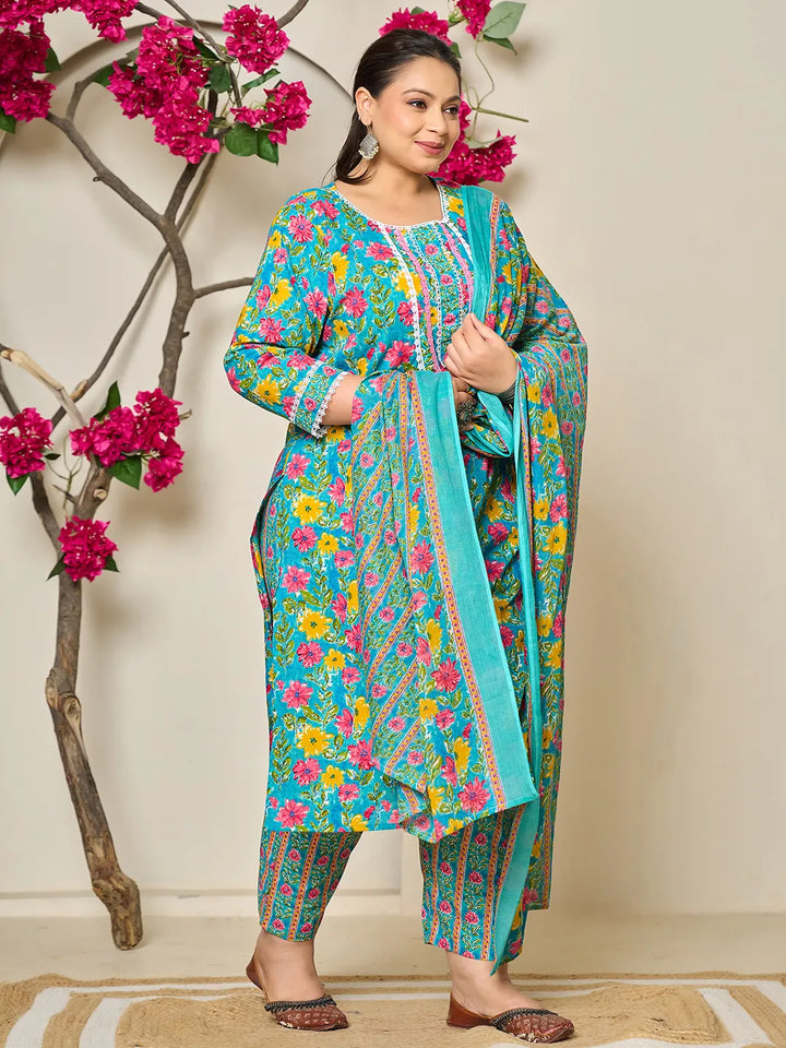 Turquoise Blue Cotton Floral Print Lace Work Plus Size Kurta Pants Dupatta Set-Yufta Store-6430PSKDBL3XL