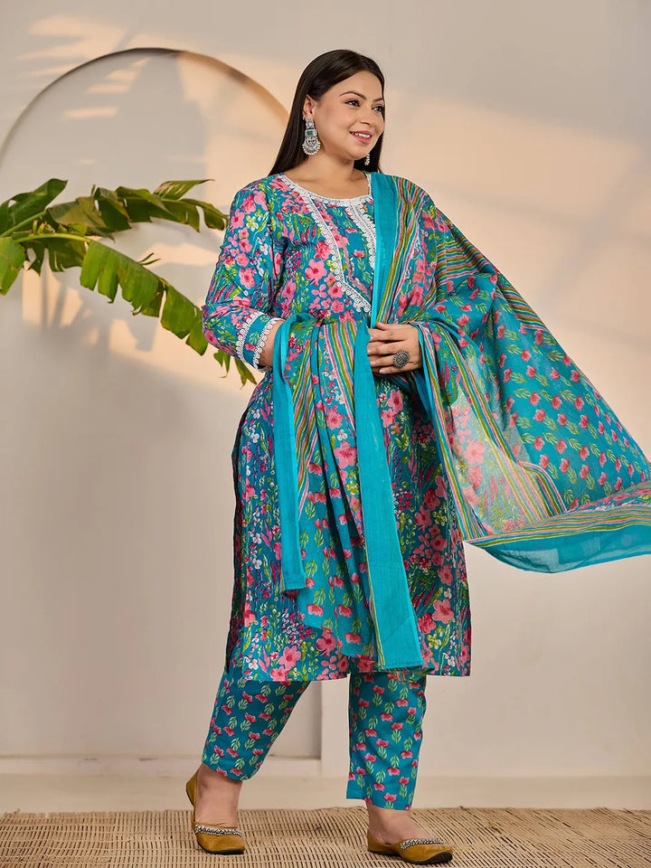 Turquoise Blue Cotton Lace Work Straight Plus Size Kurta Trouser Dupatta Set-Yufta Store-6433PSKDTB3XL