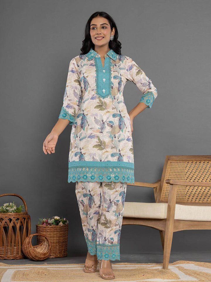 Turquoise Blue Cotton Schiffli Co-Ord Set With Lace-Yufta Store-7193CRDBLS