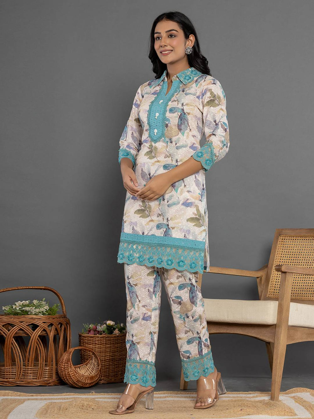 Turquoise Blue Cotton Schiffli Co-Ord Set With Lace-Yufta Store-7193CRDBLS