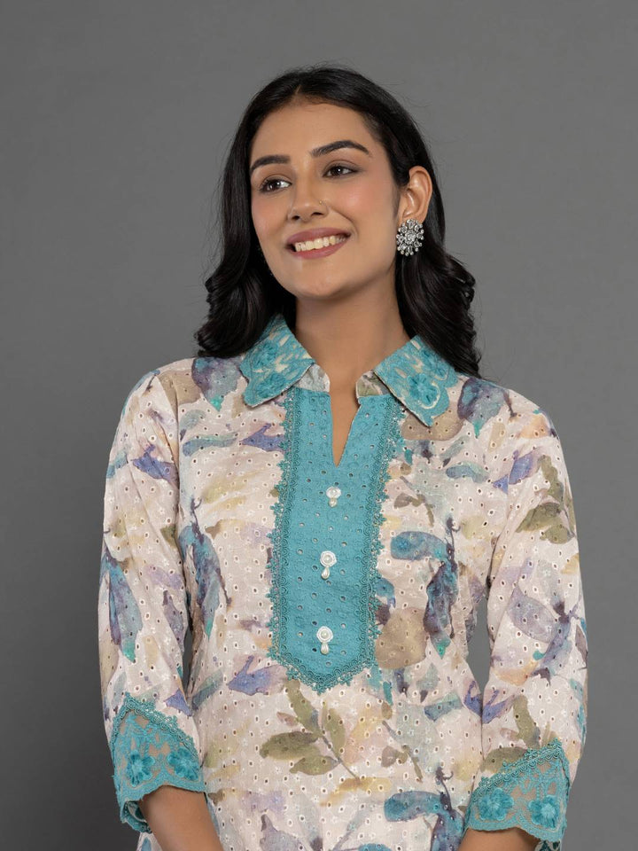 Turquoise Blue Cotton Schiffli Co-Ord Set With Lace-Yufta Store-7193CRDBLS