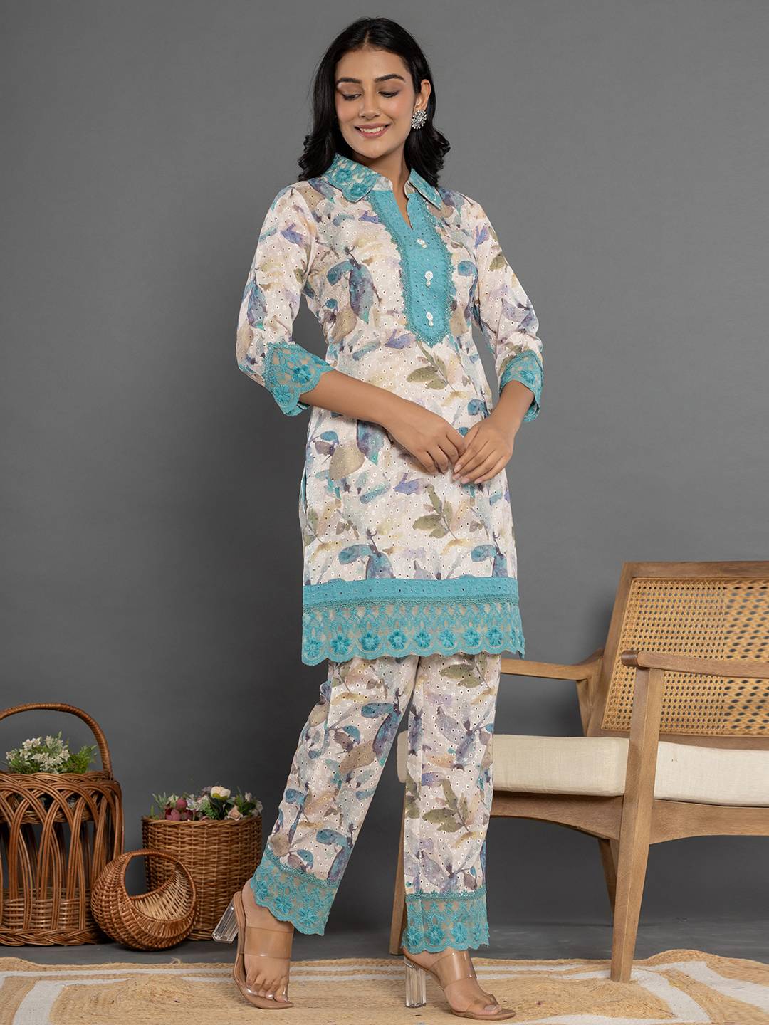 Turquoise Blue Cotton Schiffli Co-Ord Set With Lace-Yufta Store-7193CRDBLS